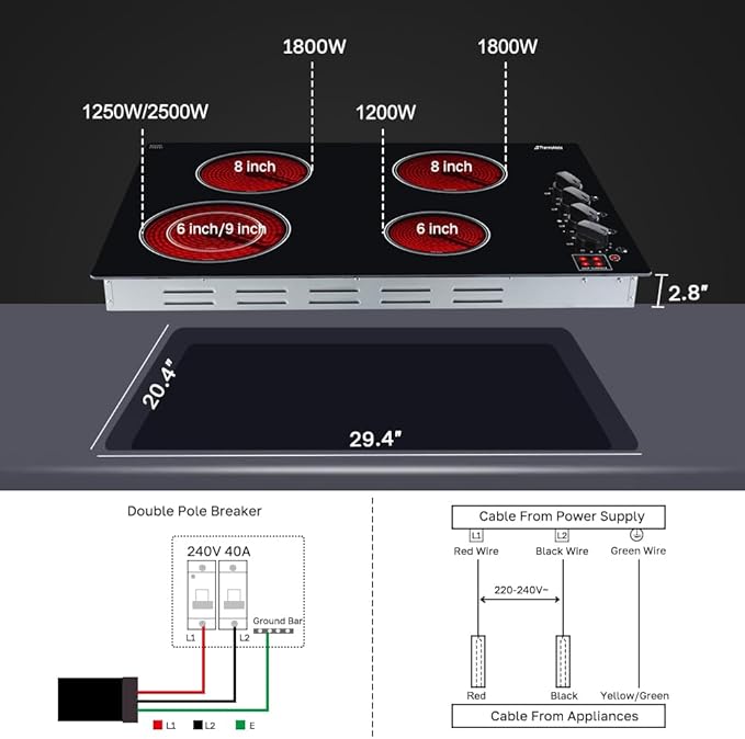 ThermoMate 30 Inch Electric Cooktop 4 Burners ETL Certified, Knob Control Built-in Radiant Electric Stove Top, Schott Glass Panel, 7300W, 9 Heating Level, Chlid Lock & Timer, 240V