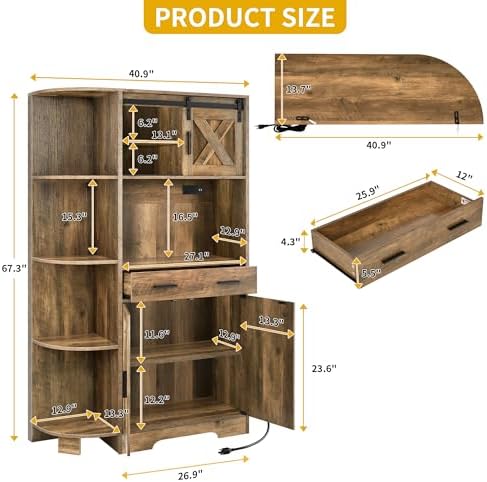 DWVO 67.3" Farmhouse Pantry with Power Outlet & Barn Door, Rustic Brown
