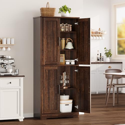70" Tall Pantry Cabinet, Kitchen Pantry Cabinet with Doors and Adjustable Shelves, Freestanding Cupboard, Tall Storage Cabinet for Bathroom, Dining Room, Living Room, Brown