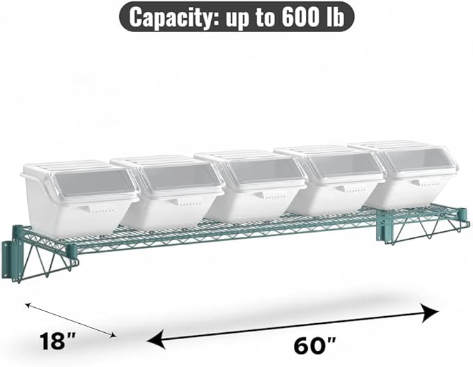 18" x 60" Green Wall-Mounted Wire Shelf Kit with Clip-in Ingredient Storage Bins, Heavy-Duty Steel Rack, Supports up to 600 lb, Flip-Top Lids, Open-Wire Design for Kitchen/Prep/Storage