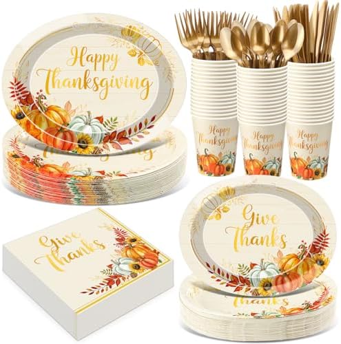 Pajean 175 Pcs Thanksgiving Fall Oval Paper Plates Gold Pumpkin Disposable