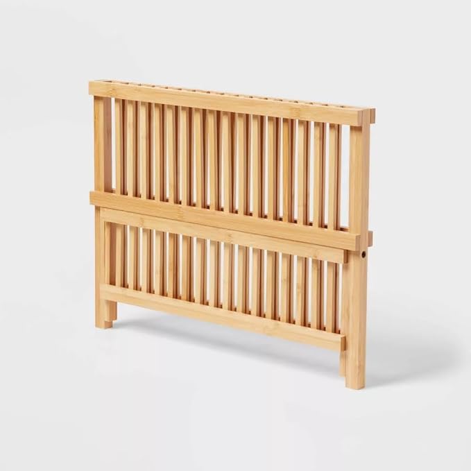 Bamboo Dish Drying Rack for Kitchen Counter, 2-Tier Collapsible Foldable Dish Drainer, Space-Saving Wooden Organizer for Dishes, Plates, Cups, Housewarming Gift
