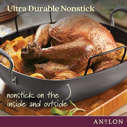 Anolon Advanced Hard Anodized Nonstick 2 Piece Roaster/Roasting Pan with Wire Rack, Oval, 16 Inch x 13 Inch, Dark Gray