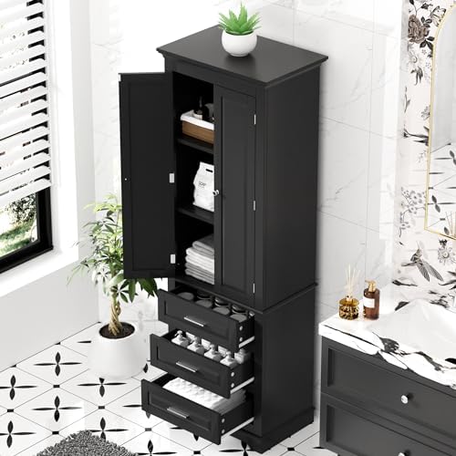 Merax 70" Pantry Cabinet with Two Doors & Three Drawer, Adjustable Shelves Storage Cupboard for Kitchen/Dining Room/Bathroom, Black