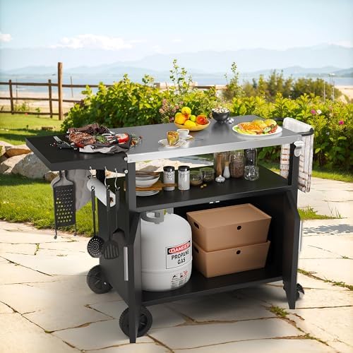 Shintenchi Outdoor Grill Cart Table with Stainless Steel Top,Black