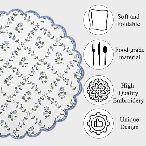 Ridhi Floral Block Print Round Placemats 15 Inch, Set of 4, Powder Blue
