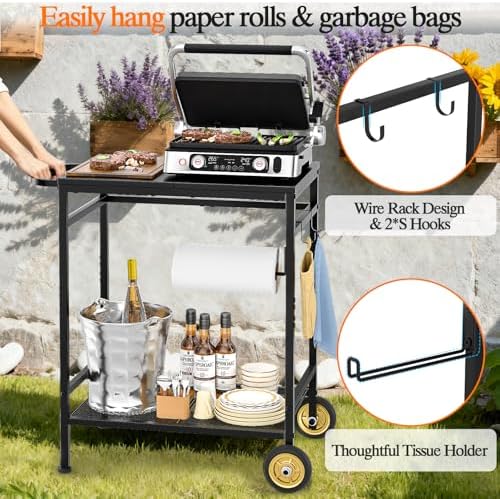 2-Tier Outdoor Grill Table with Wheels, Movable Cooking Food Prep Table for Outside BBQ Gathering, with 23.62" Lx 15.75" W Rust-resistant Tabletop, Griddle Stand for Patio & Backyard & Tools Room