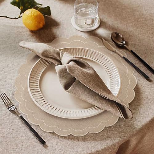 Set of 6 Cotton Linen Placemats, 15 Inch Linen Color Scalloped Flower Embroidery Cloth Table Mats Double Layered Fabric Machine Washable Wrinkle Free Dining Placemat for Hotel Restaurant Kitchen
