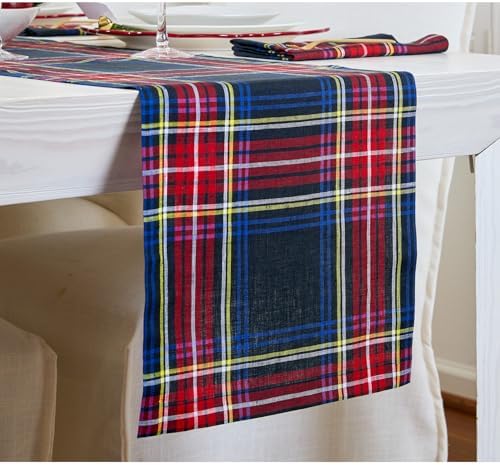 Solino Home 100% Pure Linen Table Runner Black, Stewart Plaid 14 x 144 in