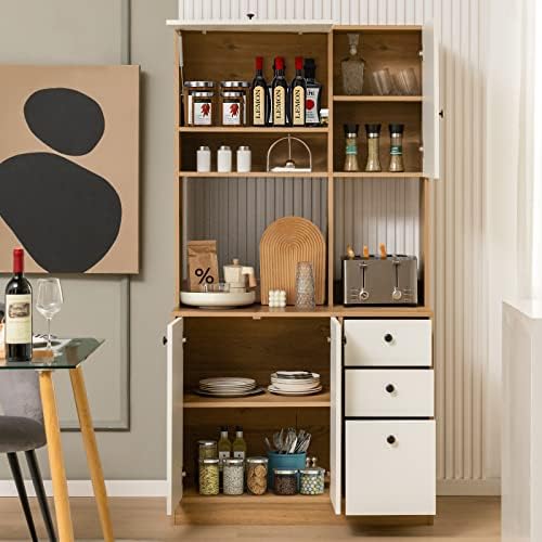 PETSITE Kitchen Buffet Hutch Storage Cabinet, 71" Freestanding Pantry with 3 Cabinets & Drawers, Adjustable Shelves, Microwave Cupboard for Living Room, Dining Room