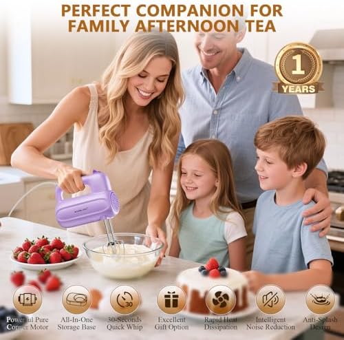 BAIGELONG Hand Electric Mixer, 5-Speed KitchenMixer with 5 * 304 Stainless Steel Attachments + Storage Base, Food Handheld Mixer for Baking, Whipping Cream, Cake Mixing, Purple