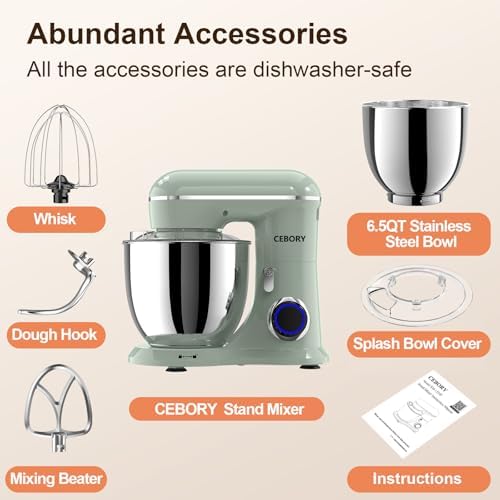 CEBORY 3-IN-1 Electric Stand Mixer, 6.5QT Bowl 660W 10-Speed Kitchen Mixer, Household Food Mixers include Dough Hook, Beater and Whisk, Bread Cake Mixer for Baking and Most Home Cooks, Morandi Green