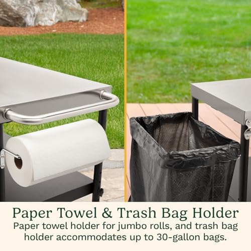 Cuisinart Outdoor BBQ Prep Cart, Stainless Steel Portable Grill Table with Wheels, Grill Cart with Adjustable Storage Shelf, Tool Hooks, Trash Bag & Paper Towel Holder