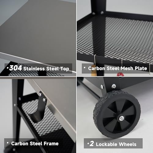 LEETOLLA Stainless Steel Outdoor Grill Cart with Wheels, Heavy-Duty 3-Tier BBQ Prep Table for Pizza Oven, Griddle, Patio – Rustproof Commercial Kitchen Cart with Tool Hooks