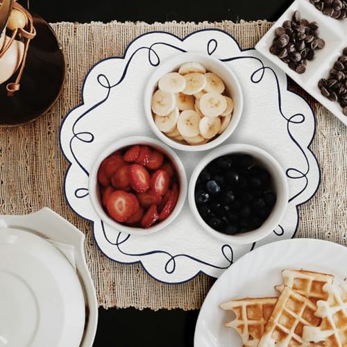 16.5 Inch Ribbon Twirl Embroidery Round Placemats Set of 4, Scalloped Round Table Mats for Party Kitchen Dining Decoration, Navy