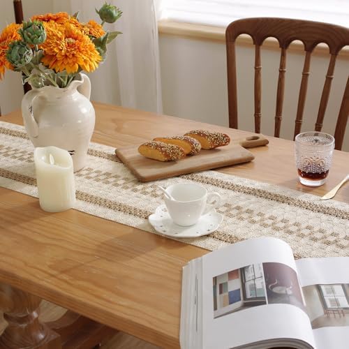 Niviy Boho Table Runner with Tassels 12 x 144 Inches Long, Cream & Brown Rustic Farmhouse Table Runner with Tassels for Home Kitchen Holiday Party and Wedding Decor Runner
