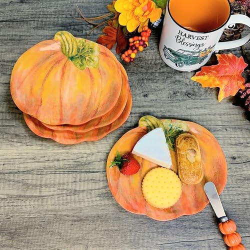 Supreme Housewares Pumpkin-Shaped Melamine Plates - Fall Harvest Theme, BPA-Free, Dishwasher Safe, for Appetizers, Dessert, Snacks, and Thanksgiving, Orange, 7.875 x 7 Inch, Set of 4