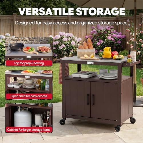 Feasto Outdoor Grill Cart w/Storage Cabinet, Stainless Steel Top, Brown
