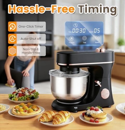 Stand Mixer 6QT Kitchen Mixer with LED Smart Touchscreen, 11-Speed Tilt-Head Mixer with Timer, 4 Preset Menus, Stainless Steel Bowl, Dough Hook, Whisk, Beater (Black, 6Qt)