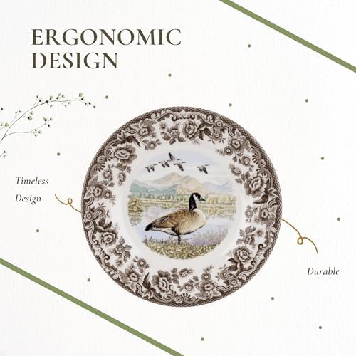 Spode Woodland Canadian Goose Dinner Plate - 10.5 Inch Fine Earthenware with British Flowers Border, Microwave, Oven, Freezer & Dishwasher Safe - Hunting-Inspired Thanksgiving Plate, Made in England