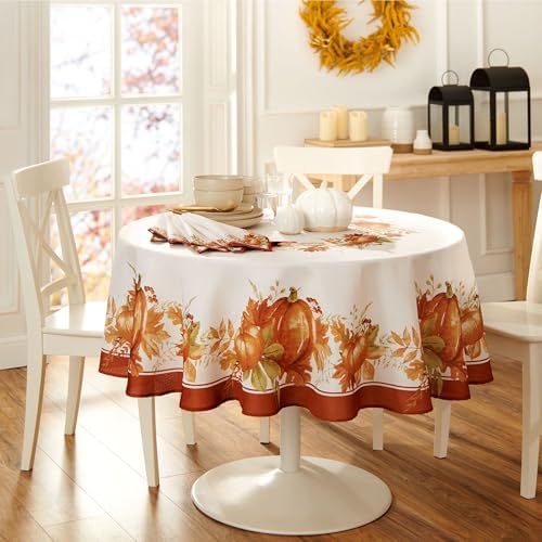 Threadmade Autumn Pumpkin Grove Fall Round Tablecloth, Multicolor - 70" W x 70" L Round