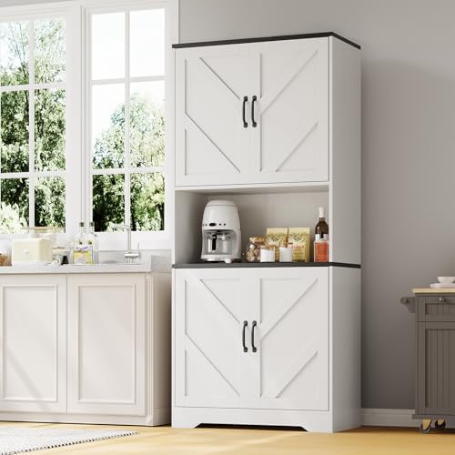 Garvee 70" Kitchen Pantry Cabinet, Farmhouse Tall Pantry Storage with Barn Doors and Adjustable Shelves, Wood Cupboard Locker for Kitchen, Dining Room, Living Room, Garage, White