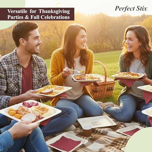 Perfect Stix Thanksgiving Plates and Napkins Set, 25 Large 10-Inch and 25 Small 7-Inch Wooden Plates with 50 Burgundy 2-Ply Dinner Napkins