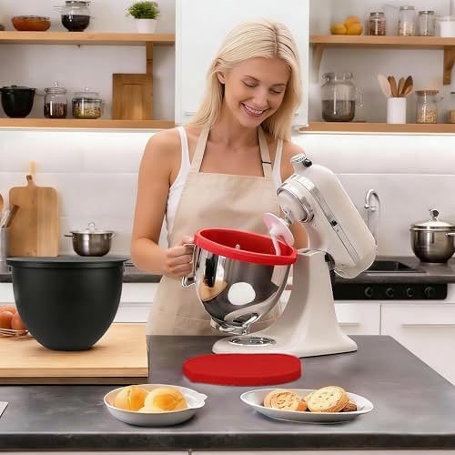 Silicone Bowl Liners with Lids for KitchenAid 5 Qt Tilt Mixing Bowl Inserts, Kitchen Mixer Accessories for Baking & Cooking, Dishwasher Safe, Heat & Cold Resistant（Red & Black）