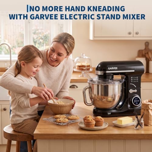 Garvee 5.3 QT Tilt-Head Stand Mixer, 500W Motor, 8-Speed Electric Kitchen Mixer with Stainless Steel Bowl, Dough Hook, Flat Beater & Wire Whisk for Bread Dough, Cake, Cookies & Pizza, Black