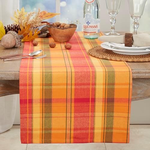 Terracotta Orange Holiday Harvest Plaid Design Cotton Runner. 16"x72" Oblong