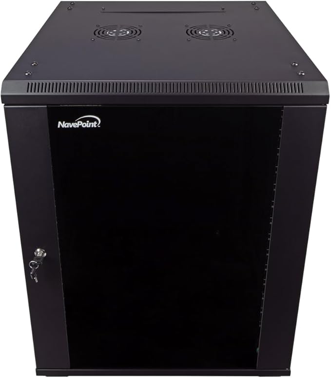 NavePoint 15U Server Cabinet Wall Mount Rack Enclosure with Caster Wheels, 2 Fans, Locking Glass Door, Removable Side Panels – 15U Network Cabinet 23.6” Deep, 19” Server Rack for IT Equipment