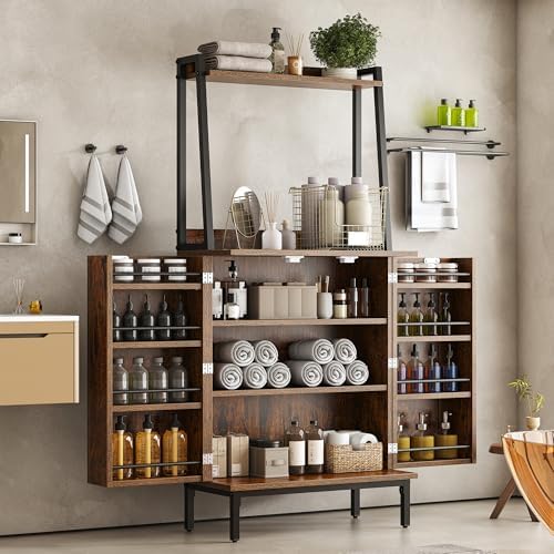 kepptory 51" Kitchen Baker's Rack with Storage, Microwave & Toaster Oven Stand, Freestanding Coffee Bar Station with Wine Glass Holder & Side Storage Shelves, Brown