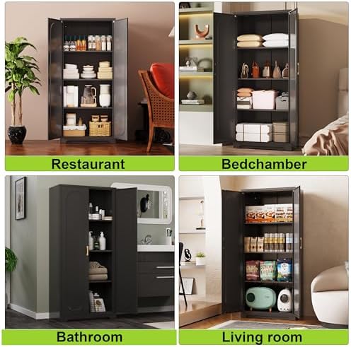 UNICOLY 60" Kitchen Pantry Cabinet, Metal Storage Cabinet with Doors and Adjustable Shelves, Tall Steel Cabinets for Kitchen, Living Room, Dining Room, Assembly Required, Black