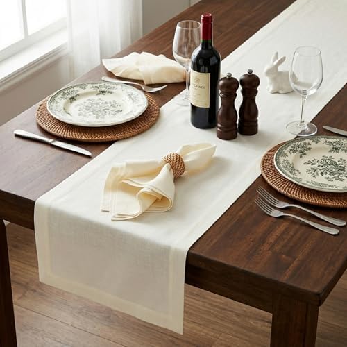Solino Home 100% Pure Linen Table Runner Ivory Extra Long, Fete 14 x 156 in