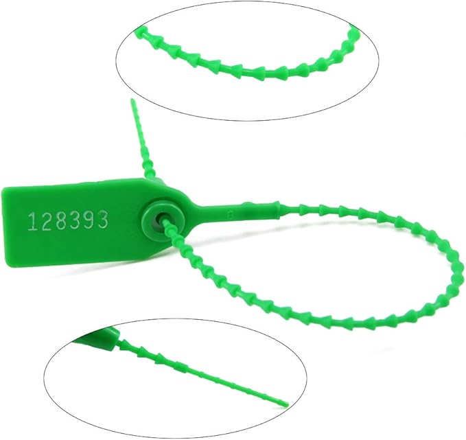 Leadseals(R) 100 Green Plastic Tamper Seals, Zip Ties for Fire Extinguishers Pull Tite Security Tags Numbered Disposable Self-Locking Tie 250mm Length