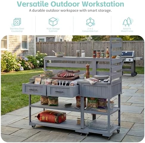 Merax 62.3'' Outdoor Mobile Kitchen Island on Wheels with Stainless Table Top, Outdoor Prep Cart Grill Table with Raised Shelf and Drawers for BBQ, Party, Gray