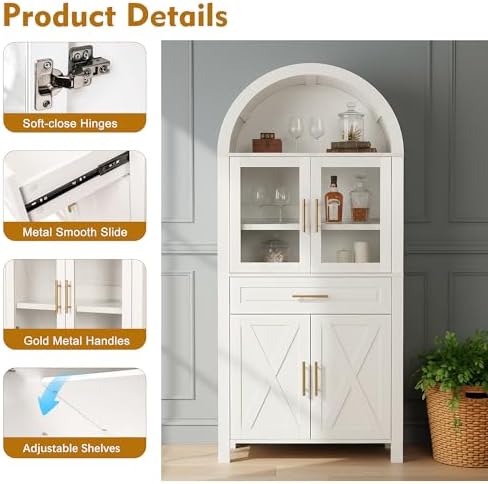 71" Tall Arched Kitchen Pantry Cabinet with Glass Door,Farmhouse Modern Wood Arched Cabinetsw/Adjustable Shelves & Drawer, Accent Cabinet with Barn Door for Kitchen, Living & Dining Room, Bathroom