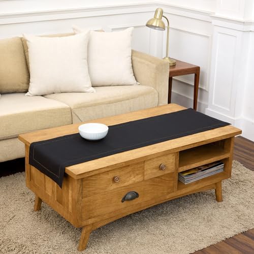 Solino Home Cotton Linen Table Runner Black Hemstitch, 14 x 48 in
