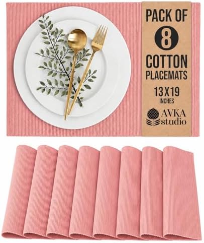 100% Cotton Ribbed Placemats - Set of 8-13 x 19 Inches - Peach - Everyday Cloth Table Mats - Thick Construction, Washable & Reusable Cloth Place Mats - by AVKA Studio