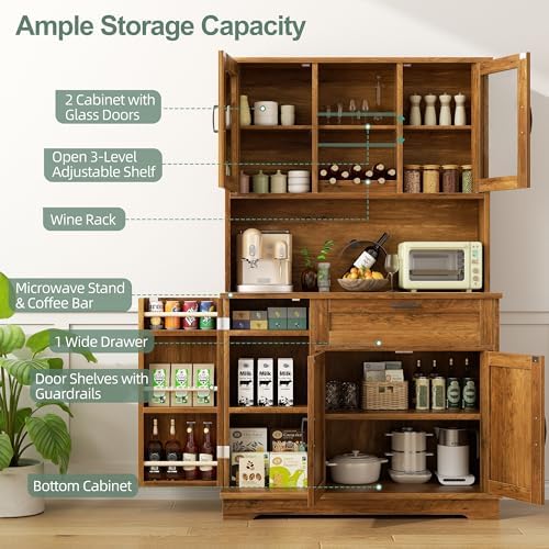 Shintenchi 68" Kitchen Pantry Storage Cabinet, with Microwave Stand, Brown