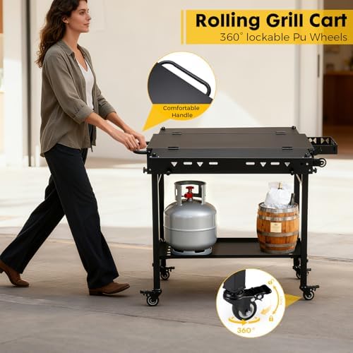 Outdoor Grill Cart Table Griddle Stand, Folding Grill Table with Wheels