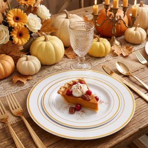FLOWERCAT 60PCS Gold Plastic Plates - Heavy Duty White and Gold Plastic Plates Disposable for Fall Party/Wedding/Thanksgiving - Include 30PCS 10.25" Dinner Plates and 30PCS 7.5" Dessert Plates