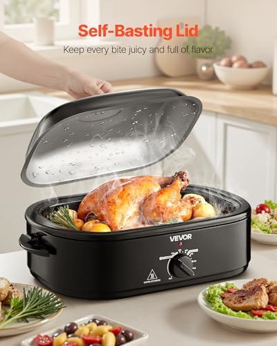 VEVOR Roaster Oven, 18QT Fast-Cooking Turkey Roaster, 150-450℉ Adjustable Temperature Turkey Oven with Self-Basting Lid, Removable Pan and Rack, Defrost & Warm Function, Electric Roasting Pan for Home