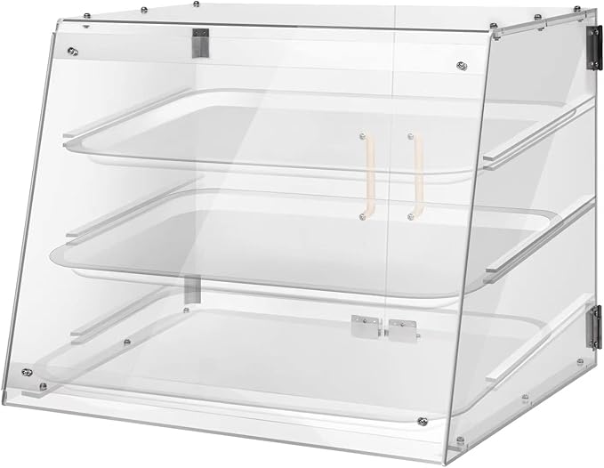 YBSVO 3-Tier Commercial Bakery Display Case - 21-Inch Countertop Pastry & Dessert Showcase with Slanted Front, Removable Trays & Magnetic Back Doors, Clear Acrylic for Bakeries, Cafes, Markets