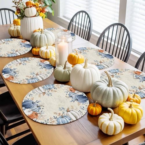 Fall Round Placemats Set of 4 Pumpkin Blue Orange Thanksgiving Place Mats Washable Woven Placemat White Pumpkin Leaves Circle Braided Table Mat for Kitchen Dining Table Holiday Party Decor 13 Inch