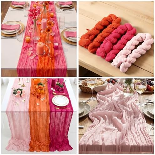 3 Pcs Hot Pink and Orange Cheesecloth Table Runners 118"