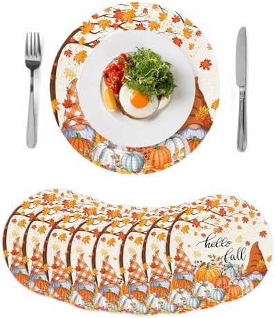Fall Round Placemats Set of 8 Thanksgiving Autumn Maple Leaves Gnome Place Mats Washable Woven Placemat Hello Fall Harvest Pumpkin Circle Braided Table Mat for Kitchen Holiday Party Decor 15 Inch