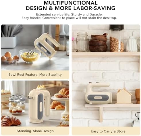 Hand Mixer Electric, 5-Speed Small Handheld Mixer, 2* (Dough Hooks & Beaters) Food Blender, Kitchen Blender for Baking, Cream, Cookies, 304 Dishwasher Safe