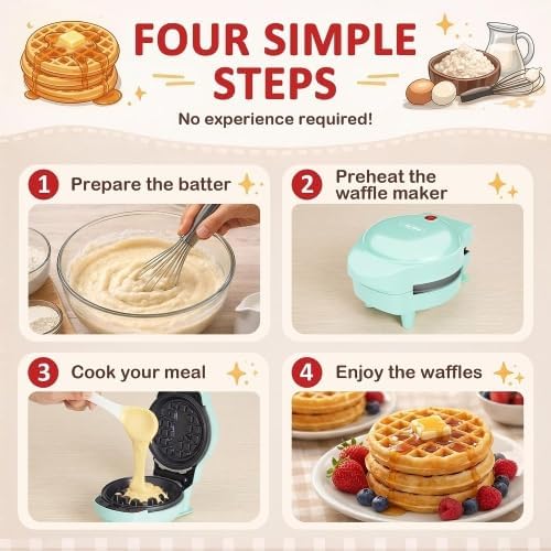 6in1 Mini Waffle Maker, Waffle Iron with 6 Removable Plates, Green