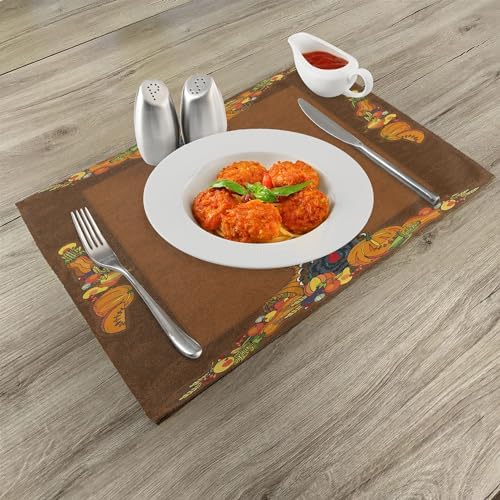 Ambesonne Thanksgiving Place Mats Set of 8, Basket Harvest Pumpkin Turkey Apple Pie Fruit Vegetables Desert Dinner, Washable Fabric Placemats for Dining Table, Placemat 8 pcs, Cinnamon Marigold